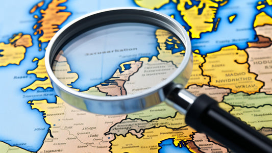 Photo d'une loupe sur la carte de l'europe pour représenter la recherche de pellets en belgique