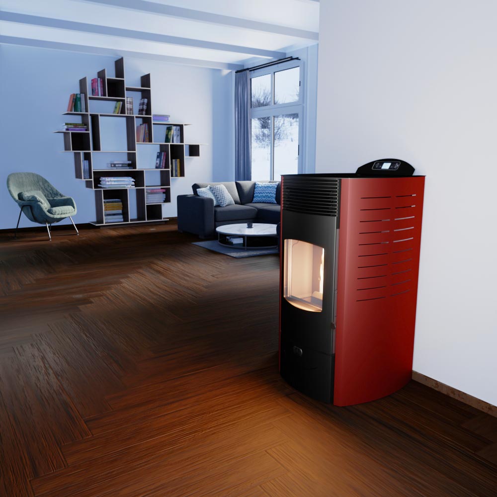 modèle rouge poêle à pellets Siberia vendu par Pellet Burn Geraardsbergen.