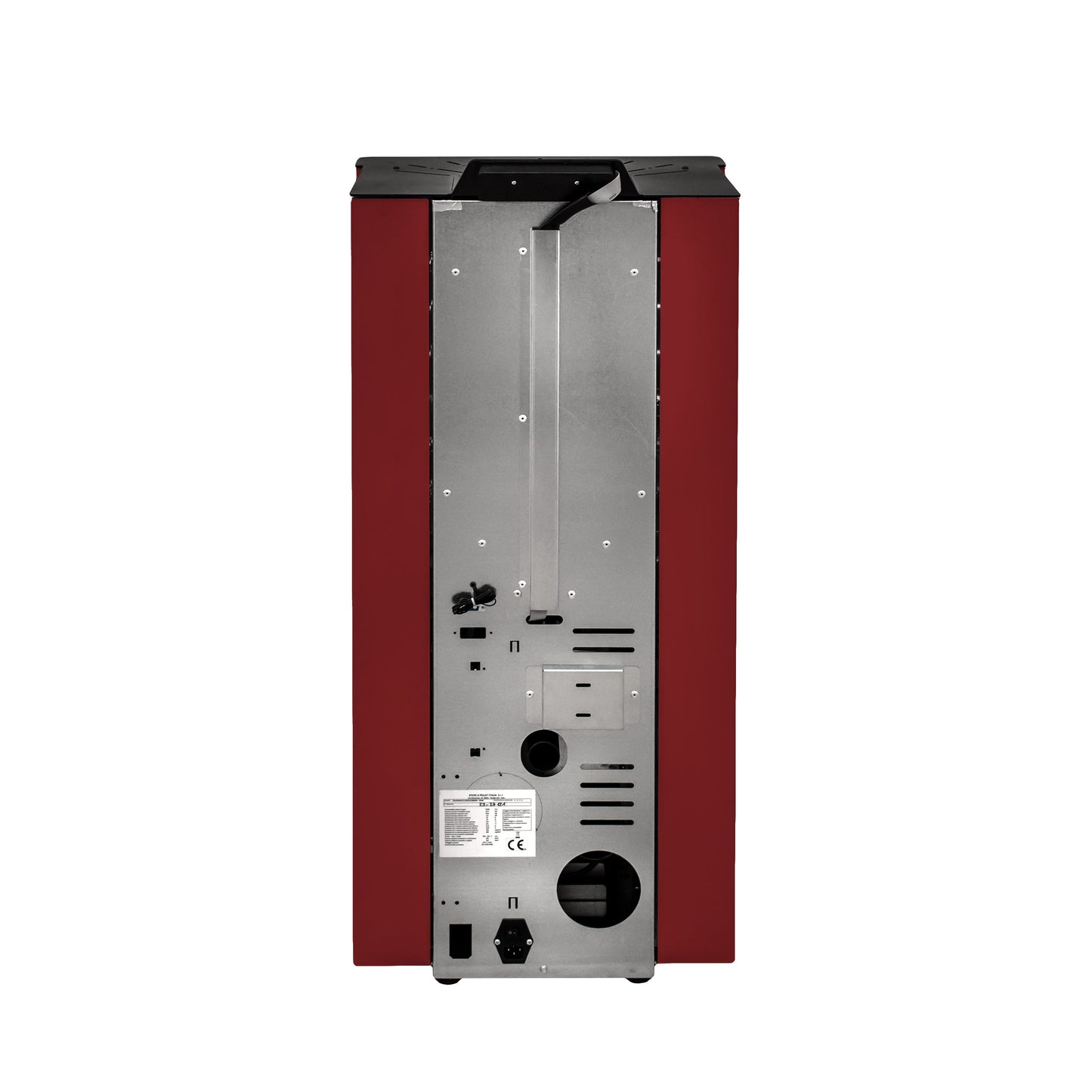 Poêle à pellets rouge arrière San diego vendu par Pellet Burn Geraardsbergen.