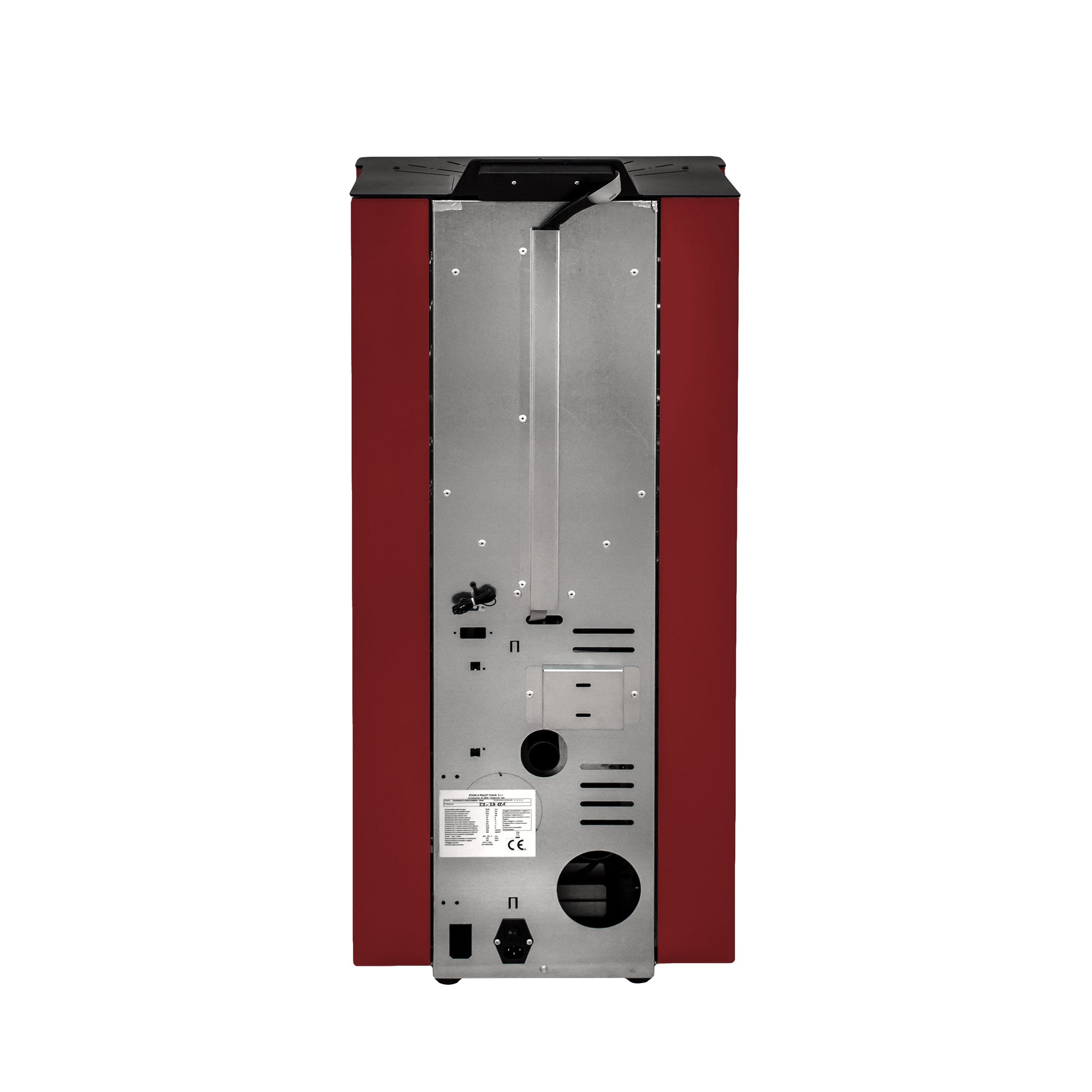 Poêle à pellets rouge arrière San diego vendu par Pellet Burn Geraardsbergen.