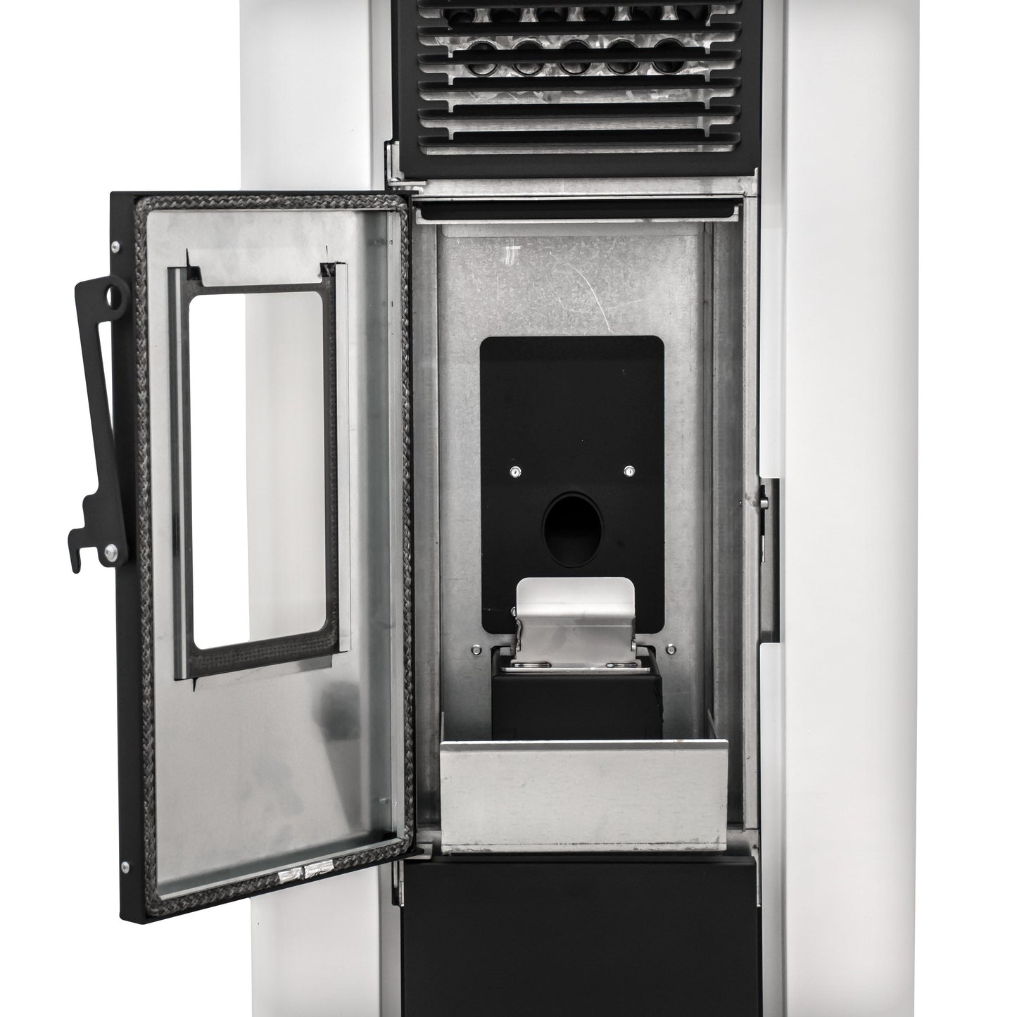 Poêle à pellets blanc San Diego vendu par Pellet Burn Geraardsbergen.