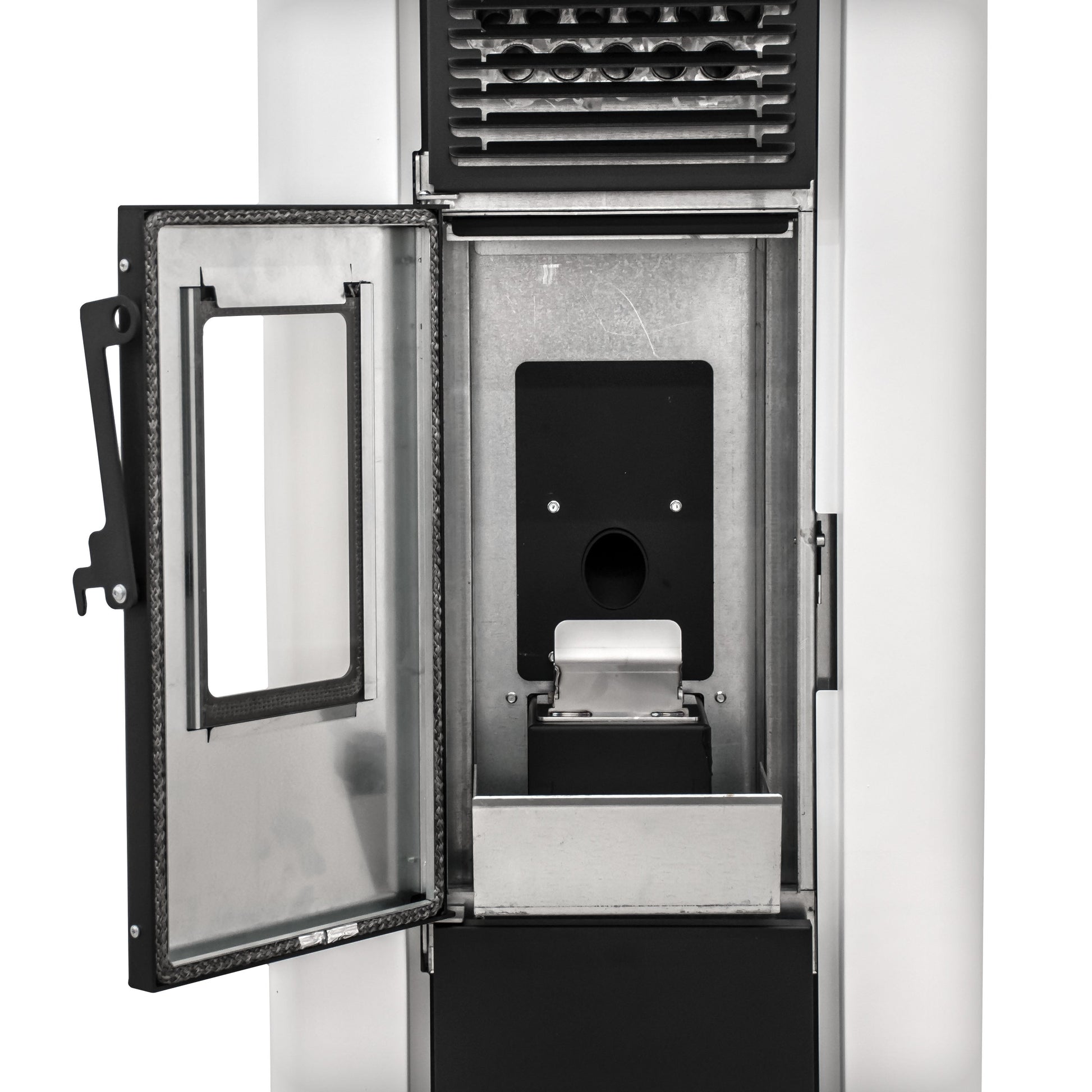 Poêle à pellets blanc San Diego vendu par Pellet Burn Geraardsbergen.